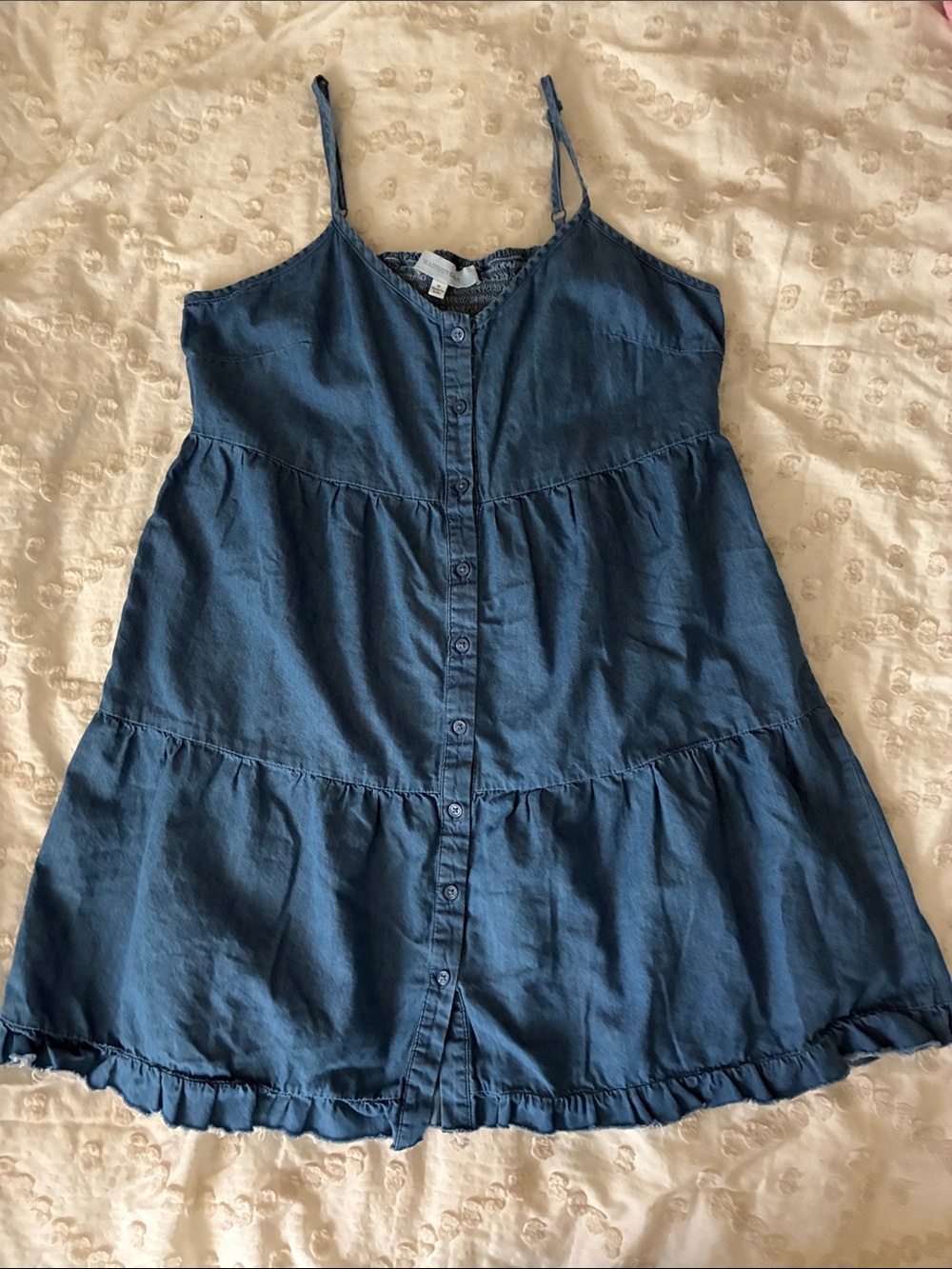Denim-Blue Button-Front Spaghetti Strap Camisole Dress
